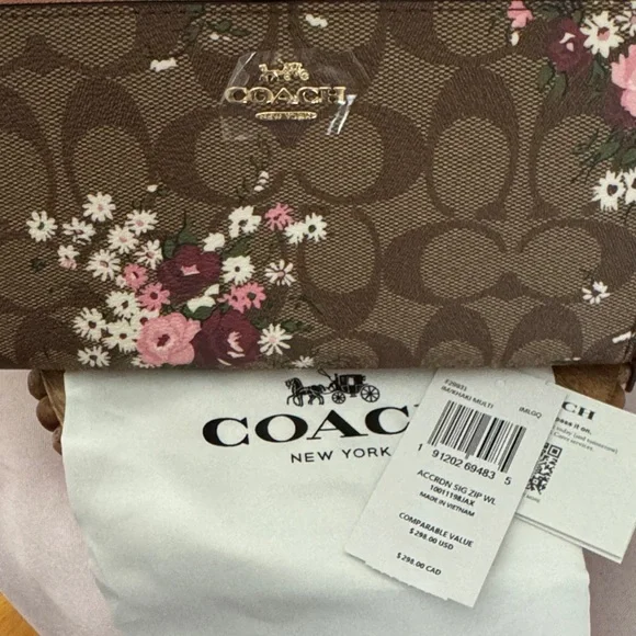 Coach Brown and Pink Floral Women's Accordion Zip Around Wallet NWT - Picture 8 of 9
